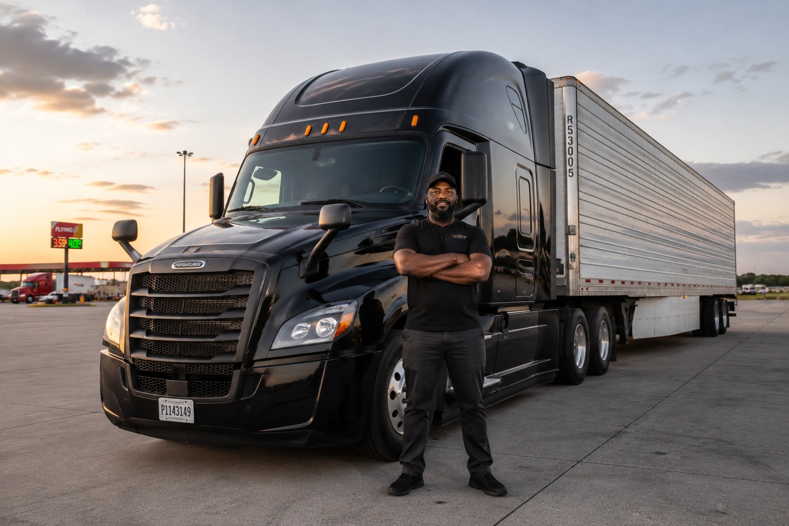Owner operator standing in front of a commercial truck